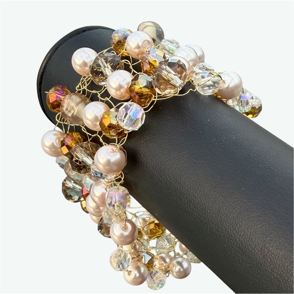 Crocheted Gold Wire, Faux Pearl and Crystal Beads Statement Cluster Bracelet - Picture 2 of 4